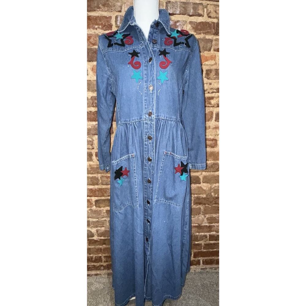 Vintage 90s Western Denim Star Applique Midi Dress Studio 25 Cowgirl Festival M - Picture 2 of 11